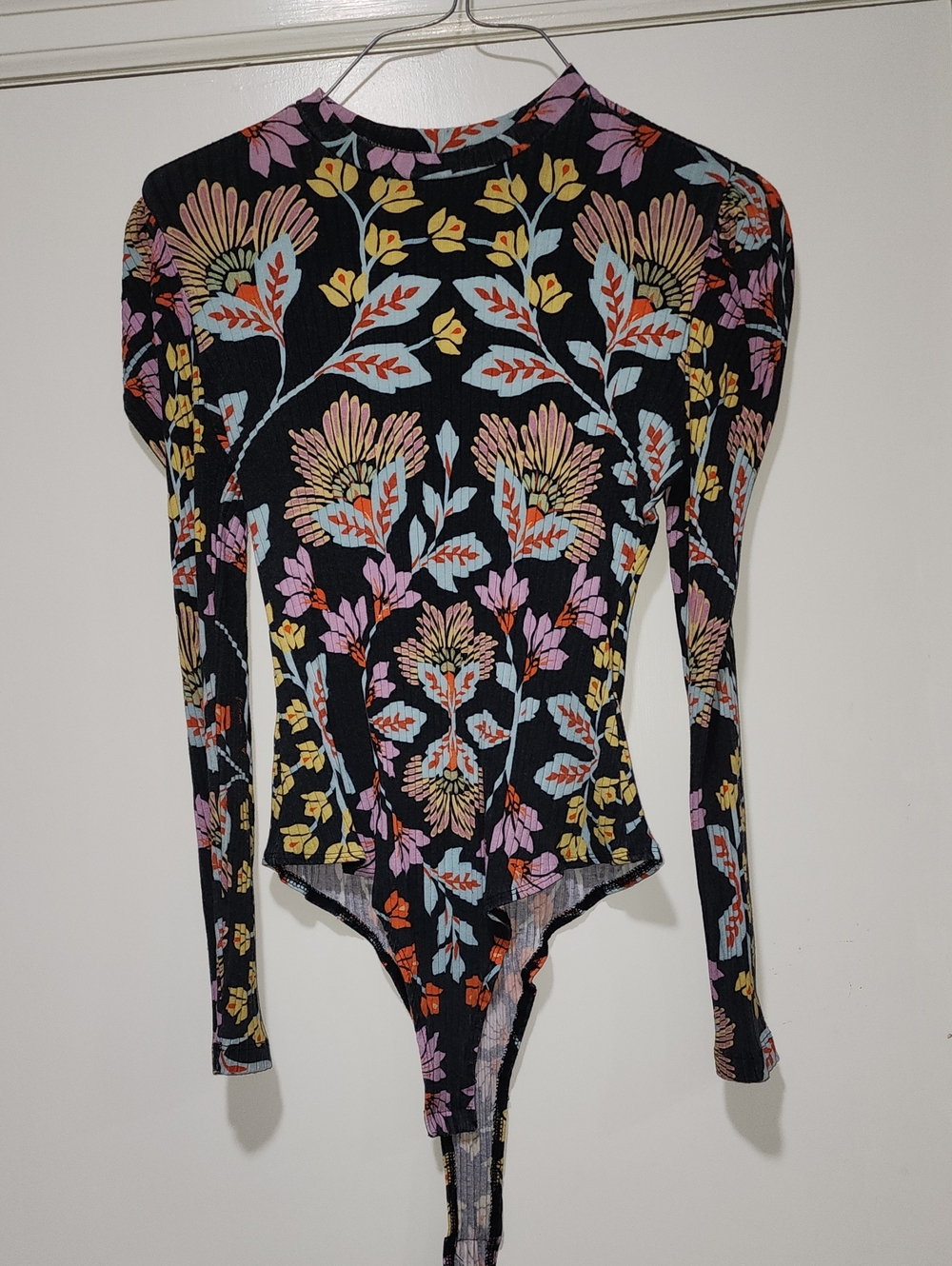 Floral Black Long-Sleeve Bodysuit - Multicolor Floral Print